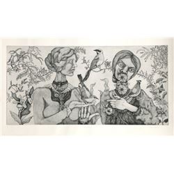 Melanie Beckelman, Two Ladies with Flowers and Birds, Etching