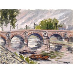 Laurent Marcel Salinas, Stone Bridge Over Water, Gouache Painting