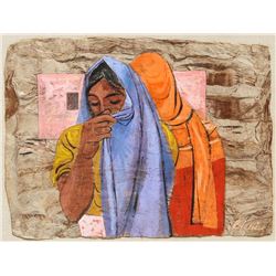 Anton Refregier, Two Women with Shawls, Gouache Painting on Tree Bark