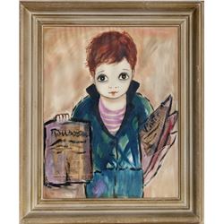 Rousseau, Newspaper Boy, Mixed Media Painting