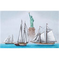 David Linton, Sailing in Good Company, Watercolor and Pastel Drawing