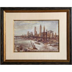 Reginald Marsh, Brooklyn Bridge and Lower Manhattan II, Watercolor Painting
