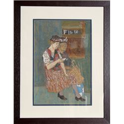 Joseph Solman, Two Women, Gouache Painting on Racing Form Newspaper