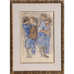 Moses Soyer, Dancing Couples, Watercolor Painting