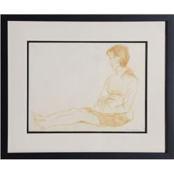 Raphael Soyer, Seated Girl, Sepia Pencil Drawing