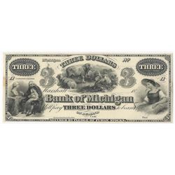 1800s $3 The Bank of Michigan Obsolete Bank Note