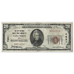1929 $20 Columbus Ohio National Currency Note