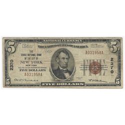 1929 $5 New York New York National Currency Note