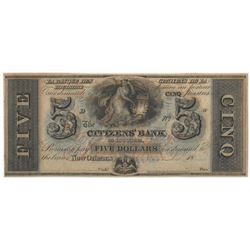 1800s $5 The Citizens Bank of Louisiana Obsolete Bank Note