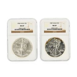 Set of (2) 1986-1987 $1 Silver Eagle Coins NGC Graded MS69