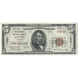 1929 $5 Denver Colorado National Currency Note