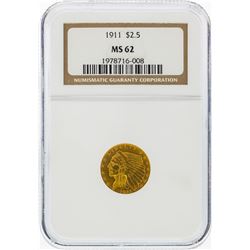 1911 $2 1/2 Indian Head Gold Coin NGC Graded MS62
