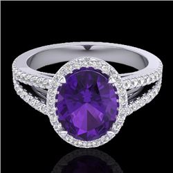 Genuine 3.0 CTW Amethyst & Micro Pave Diamond Halo Solitaire Bridal Ring 18K Gold - 20927-REF#55N8G