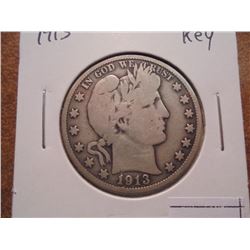 1913 BARBER HALF DOLLAR VERY GOOD KEY DATE