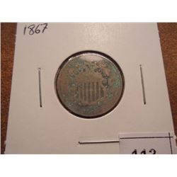 1867 SHIELD NICKEL WITH VIRDIGRIS