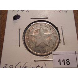 1948 CUBA SILVER 20 CENTAVOS EXTRA FINE+