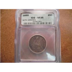 1855 WITH ARROWS SEATED LIBERTY QUARTER ICG VF35