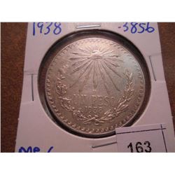 1938 MEXICO CAP & RAYS SILVER PESO .3856 OZ. ASW