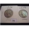 Image 1 : 1936 & 1946 WASHINGTON SILVER QUARTERS