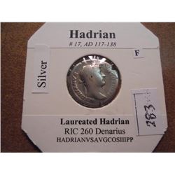 SILVER 117-138 A.D. HADRIAN ANCIENT COIN (FINE)