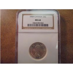 1959 CANADA SILVER 25 CENT NGC MS64