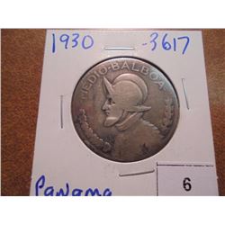 1930 PANAMA SILVER 1/2 BALBOA .3617 OZ. ASW
