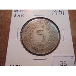 1951 GERMAN SILVER 5 MARKS .2250 OZ. ASW