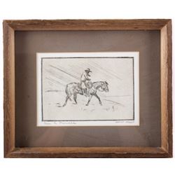 Original Ace Powell Cowboy on Horseback Etching