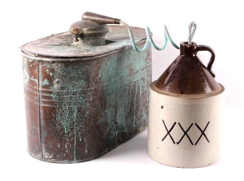 Antique Copper Moonshine Still and Whiskey Jug