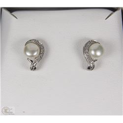 #66-STERLING SILVER PEARL & DIAMOND EARRINGS