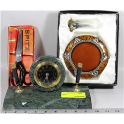 DESK CLOCK W/ PEN HOLDER, WINE COASTER & STOPPER,