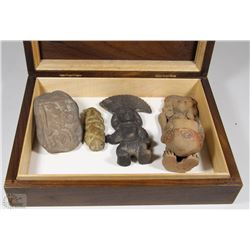 WOODEN BOX WITH MAYAN FIGURINES