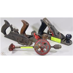 3 VINTAGE WOOD  PLANERS AND VINTAGE DRILL