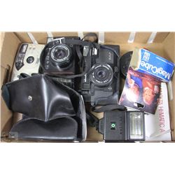 FLAT WITH ASSORTED CAMERAS, LENSES AND CASES
