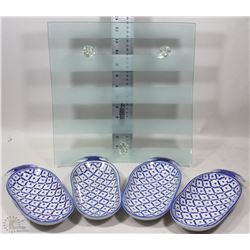 GLASS DISH AND 4 SERVING DISHES