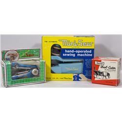 FLAT WITH 3 VINTAGE MINI SEW HAND OPERATED SEWING