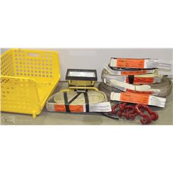 TOTE WITH NEW/USED LANYARDS, SHACKLES, LIGHT & TOW