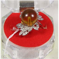 #44NATURAL 12MM AMBER+CZ .925 STERLING SILVER RING