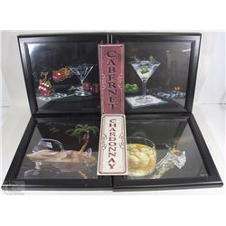 BOX W/SET OF 4 WOOD FRAMED LIQUOR