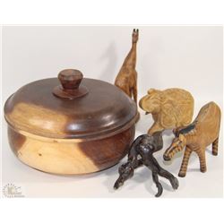 BOX OF WOOD CARVINGS INCL. LARGE