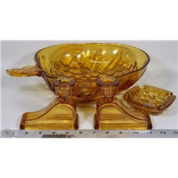 VINTAGE ESTATE AMBER FRUIT DISH , 2 CANDLE HOLDERS
