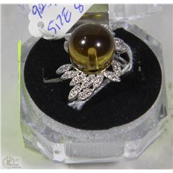 #45NATURAL 12MM AMBER+CZ .925 STERLING SILVER RING