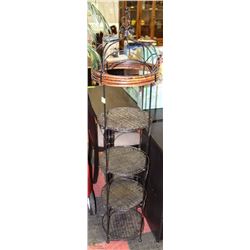 ROUND WICKER AND BLACK METAL SHELVING UNIT WITH 4