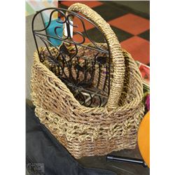 LARGE WOVEN BASKET WITH METAL HANGING BASKET