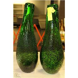 SET OF 2 VINTAGE GREEN AND BLACK ART GLASS VASES