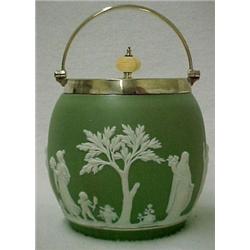 Wedgwood biscuit jar, green jasperware biscui