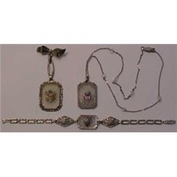 Rhodium filigree necklace, bracelet and pin w