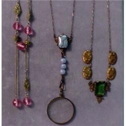 Three 1930's brass and glass necklaces, pink