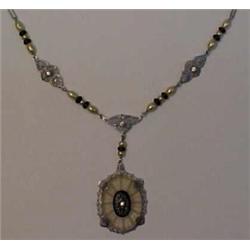 Art Deco filigree necklace, 16" chain has fau