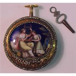 Gold and enameled front key wind pocketwatch,